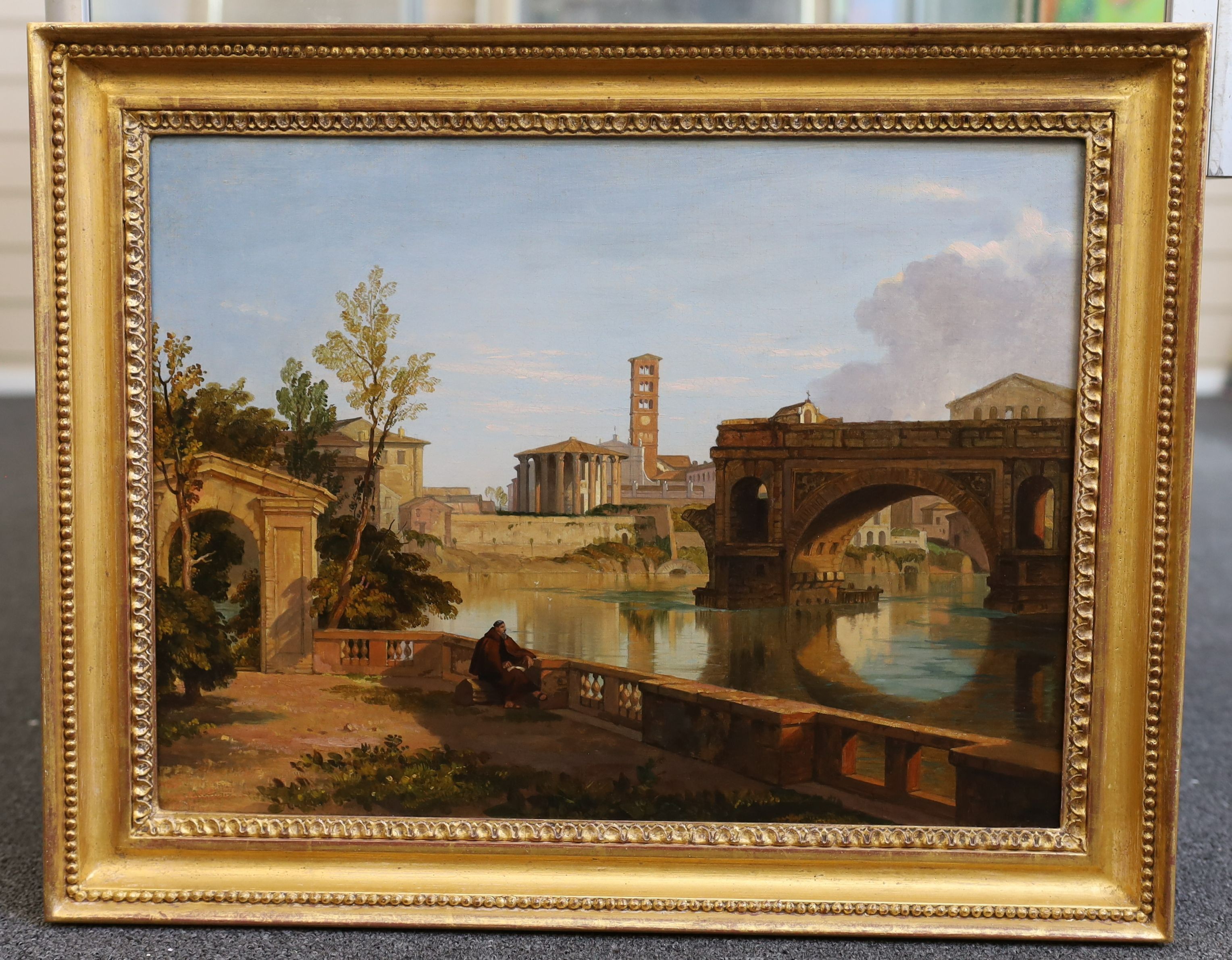 Attributed to Penry Williams (1800-1885), A view on the Tiber looking towards the Palantine Hill with Santa Maria in Cosmedin and the Temple of Vesta, oil on canvas, 34 x 45cm